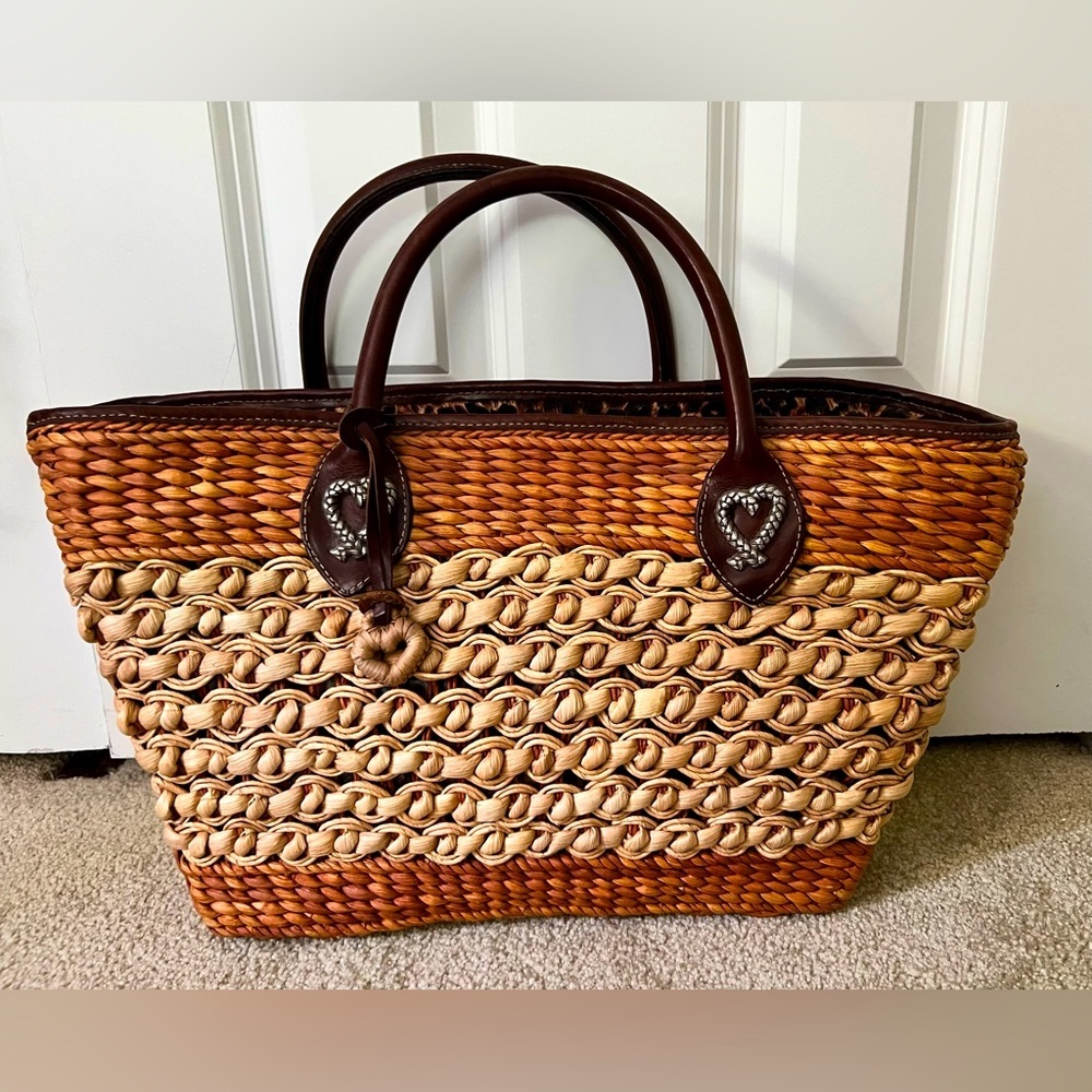 Brighton Large Brown and Tan Woven Tote Bag With Leopard Interior - Picture 1 of 5